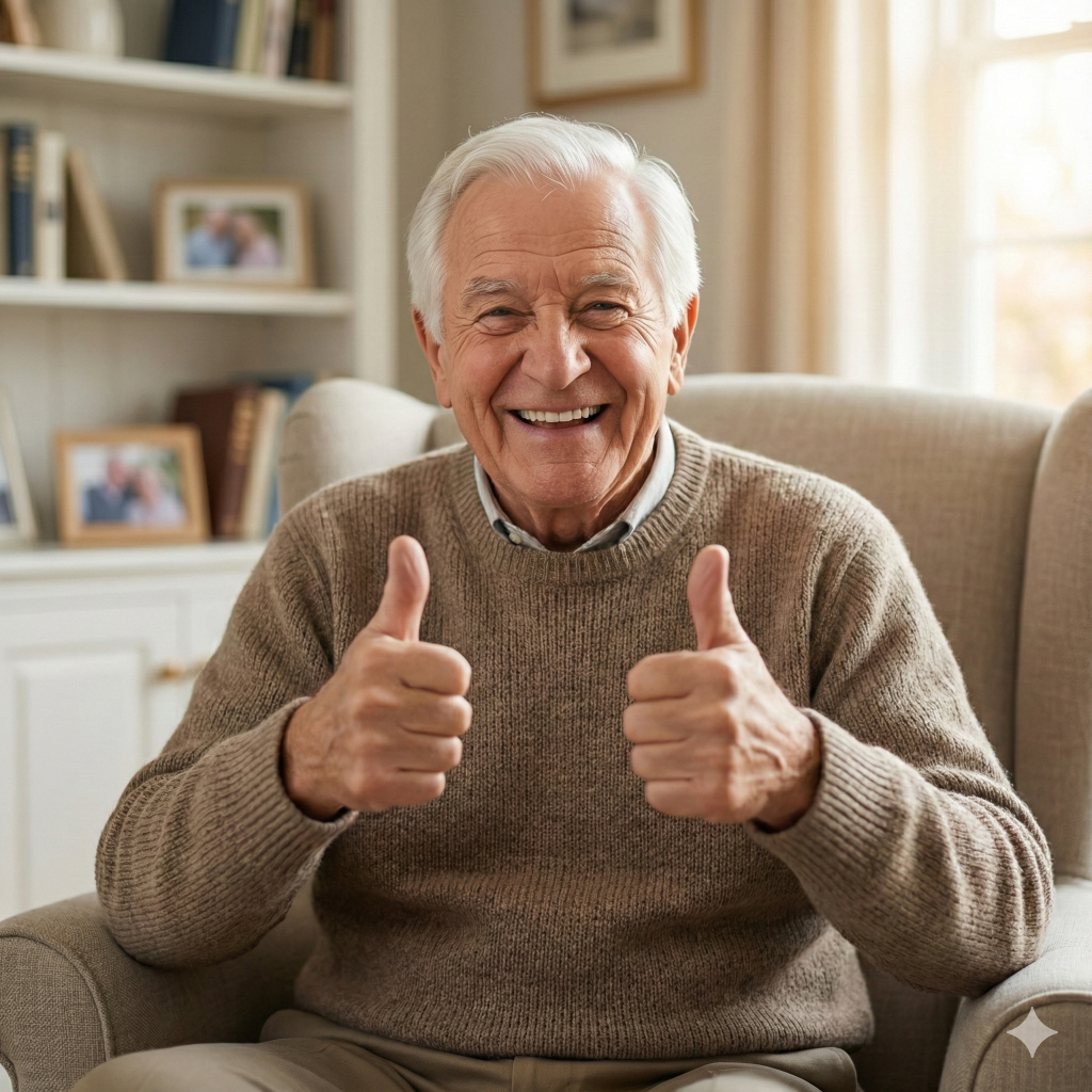 Old man witt 2 thumbs up smiling.