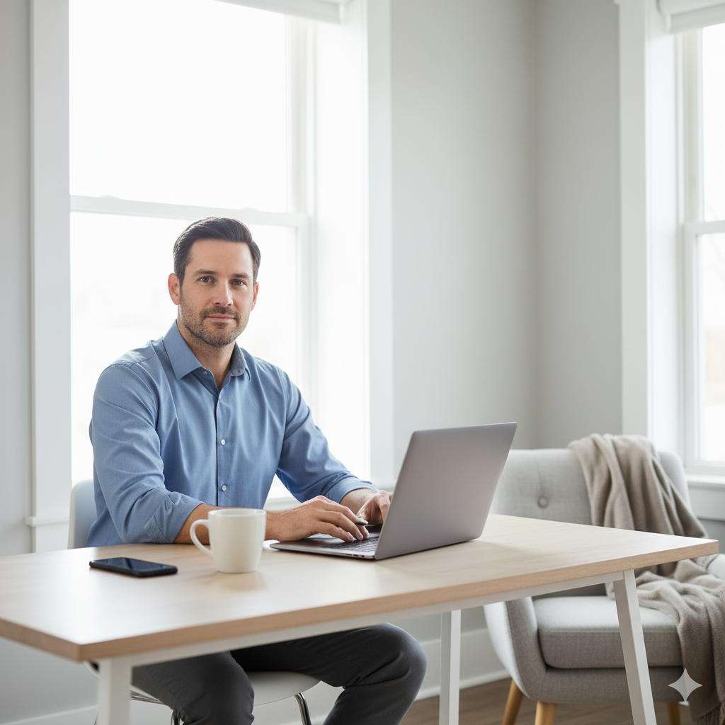Man at desk, who is a business owner, and he is happy.