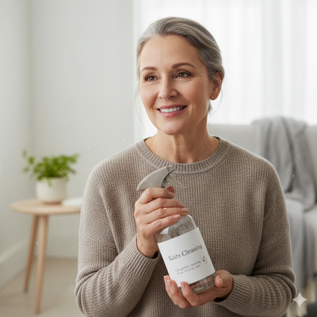 Woman holding Kait's Cleaning, ceaner bottle.